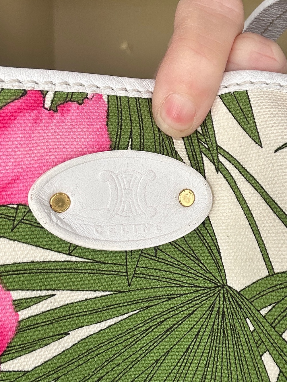 Vintage Celine Tropical Hibiscus Palm Floral Canvas & leather Large Tote w/ COA - Picture 7 of 16